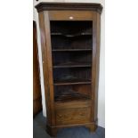 An oak five shelf open corner cabinet, 208 cm tall x 95 cm wide