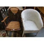 A Lloyd loom style white painted chair, a cane upholstered chair and a gentleman's clothing stand (