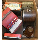 Westminster chime oak cased mantle clock, child's tin plate till, vintage tins, stationery desk set