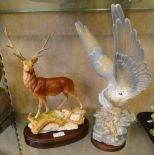 A Spanish model of a mythical bird on plinth together with a Royal Doulton model of a stag on wooden