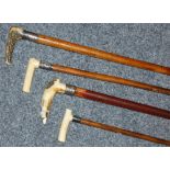 Four silver and horn mounted walking cane, one with carved dog head (4)