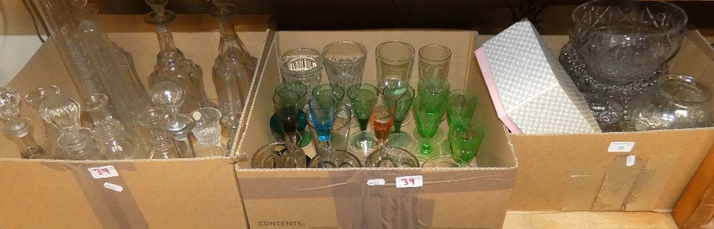 A collection of decanters, drinking glasses, crystal table lamp, etc (3)