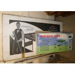 Boxed 'Pot Black' 4' 6" snooker table endorsed by Stephen Hendry, a boxed picnic set folding table
