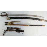 A reproduction cutlass, together with a native knife in scabbard and a native decorated sword