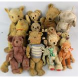 Sixteen various vintage teddy bears and plush toys, to include a Chiltern Toys dog (lacking