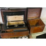 An Edwardian oak cased writing slope, together with an ebony box and a mahogany box (3)