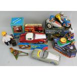 Five boxed early tinplate clockwork toys, made in China, including MS 709 'Motorcycle with Sidecar',