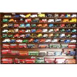 Approximately one hundred diecast models Days Gone, Lledo, Corgi with display shelves