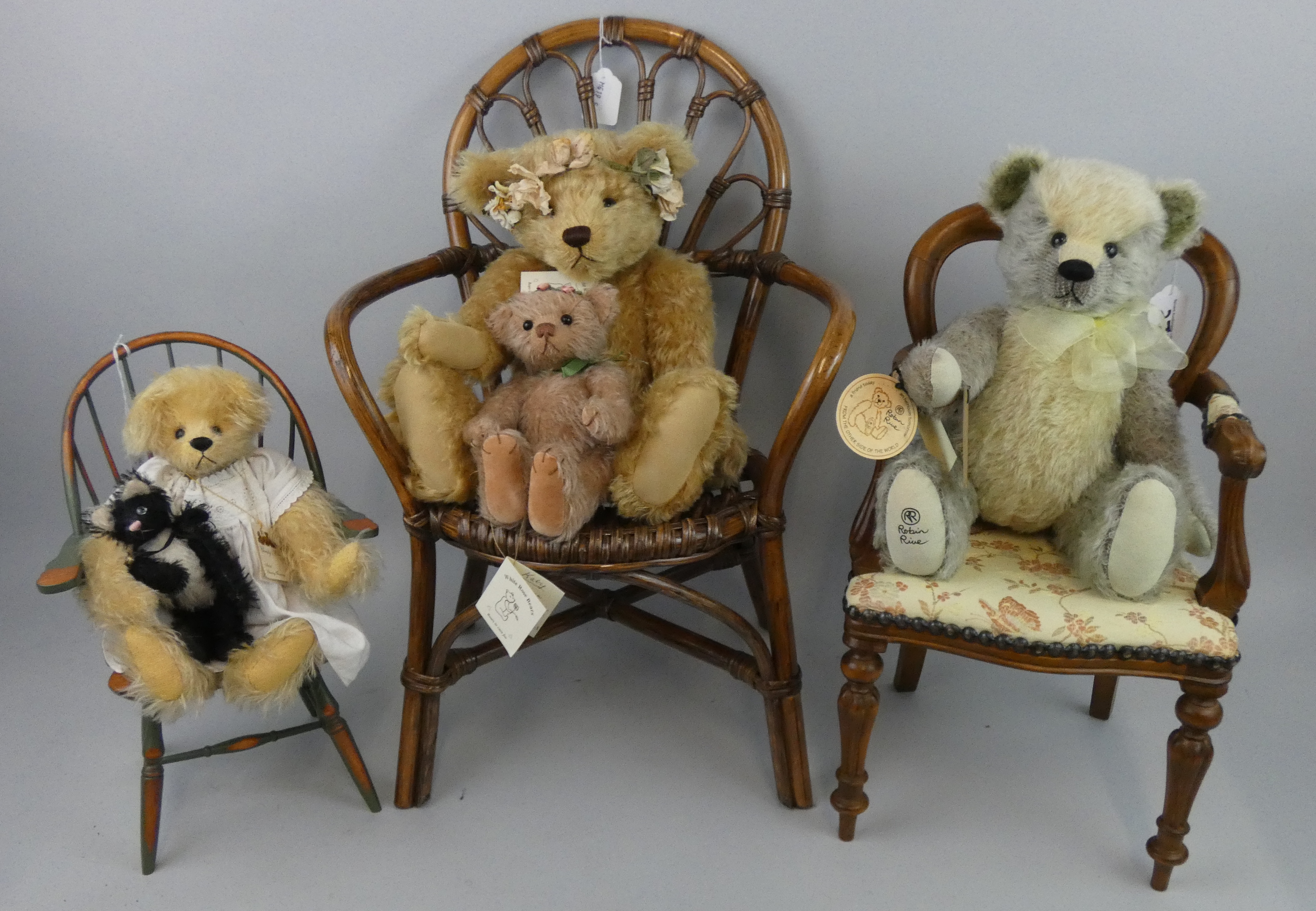 A Robin Rive limited edition 31/300 bear, White Rose bears 'Maisie' including three dolls chairs