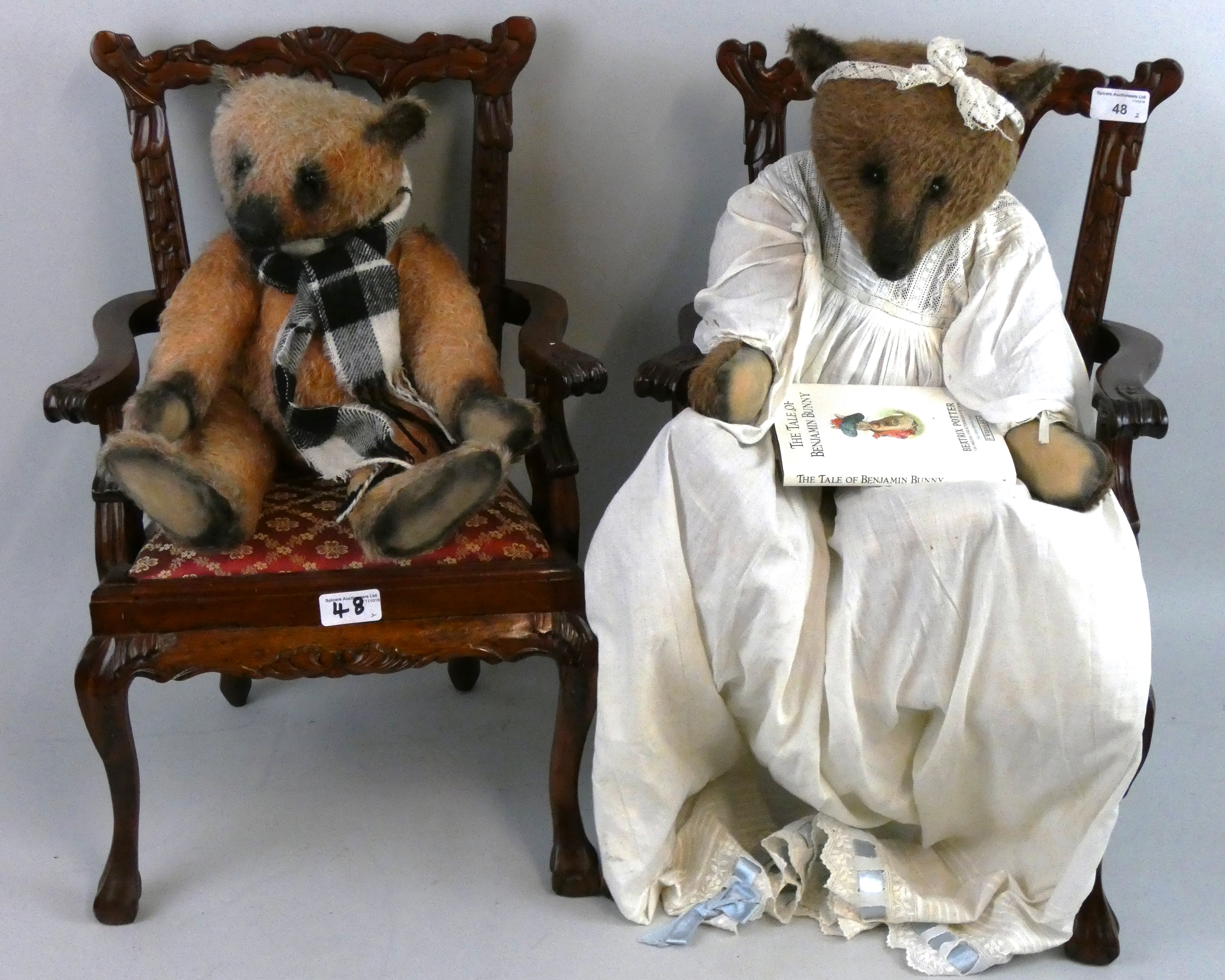 Portabello Bears 'Tudor Rose' on chair together with, 'Emma Louise' on chair reading Beatrix