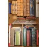 Two boxes of antiquarian books in varying condition and some rebound, including a 1682 copy of the
