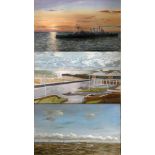 A framed seascape by George Dickinson 1994, together with harbour scene and warship painting by