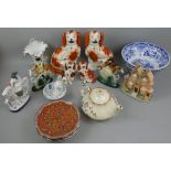 Two pairs of Staffordshire spaniels, three figures on horseback, set of Japanese plates, blue and