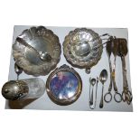 Two silver dishes, a silver photograph frame and other silver and plated wares