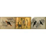 A pair of oils of birds in gilt frames, together with an out framed painting of three gentleman at