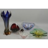 A blue and amber glass vase, together with spill vase and four colour glass bowls (6)