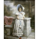 Victorian oil painted print of a finely dressed young girl in gilt frame.