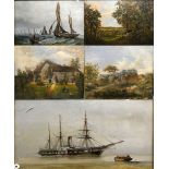 A pair of oils on canvas, one fishing boats dated 1884, the other a paddle steamer dated 1884,