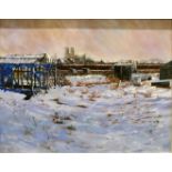 S. Goodsall, oil on board of a winter scene in an allotment with Beverley Minister, 75 cm x 60 cm