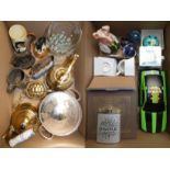 Two boxes of miscellaneous including NatWest pig, glass paperweights, animal figures, brass kettles,