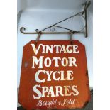 A painted metal double sided hanging sign, "Vintage Motor Cycle Spares, bought & sold", as hung from