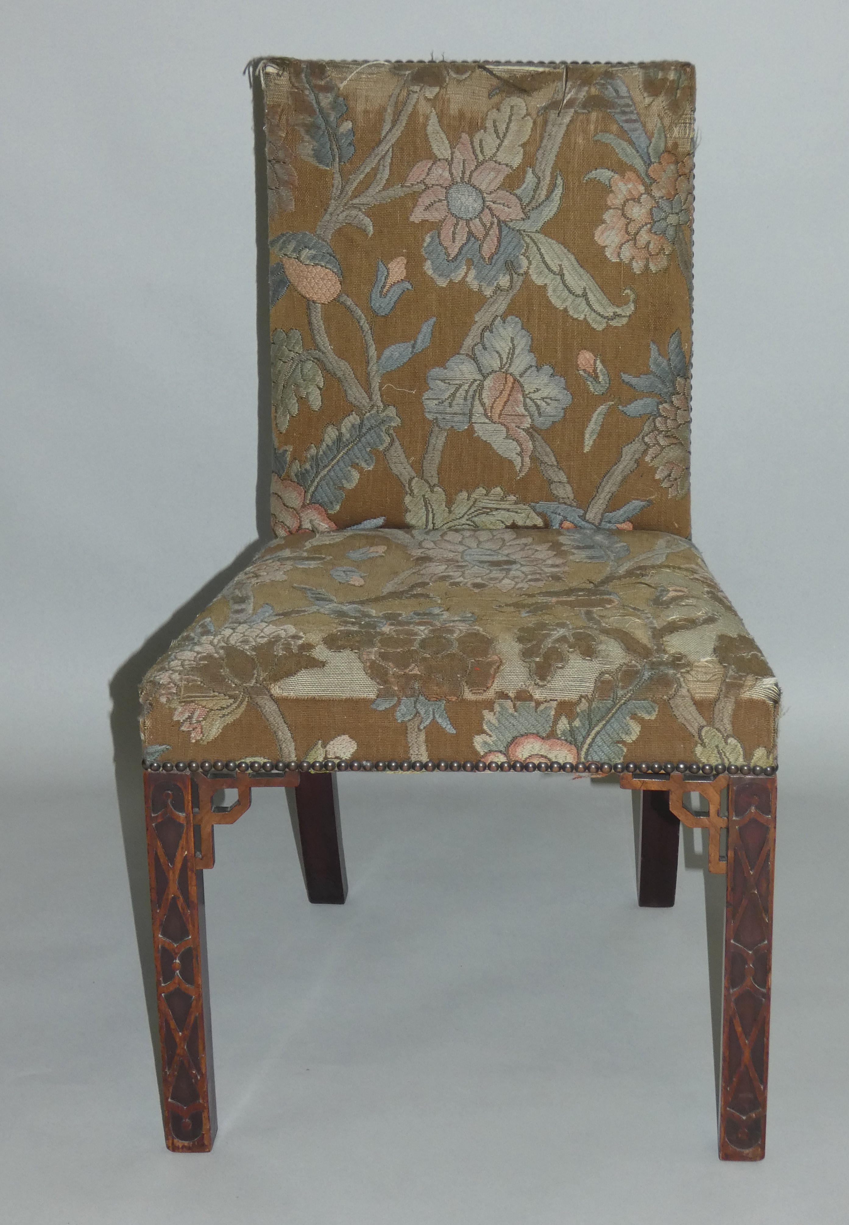 A 19th century set of eight Chinese Chippendale style mahogany dining chairs, the seat and back - Image 2 of 4