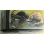 Peter John Butler (b.1936), "Cats at my door", pastel on paper, signed Pehair, 34 x 83 cm, stained