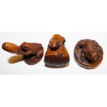 A Japanese carved wood netsuke, in the form of a frog on a gourd, character mark to the underside, 4