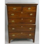 A 19th century mahogany chest on chest, composed of two short over three long drawers, the lower