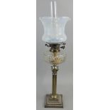 A Victorian electroplated paraffin oil lamp, the opaline glass shade to a clear glass chimney