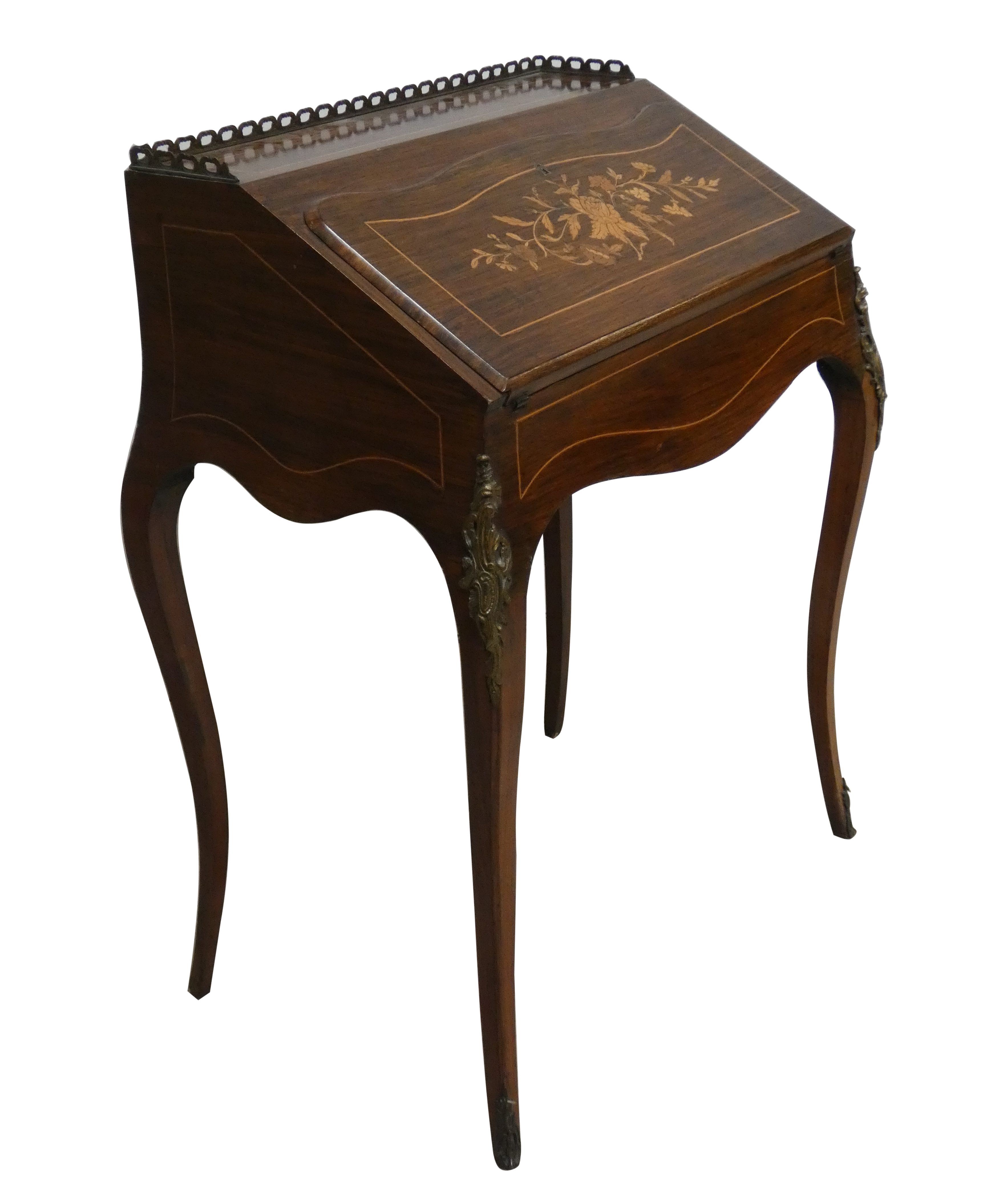 A rosewood with boxwood inlaid ladies writing desk, the fall front with floral motif opening to