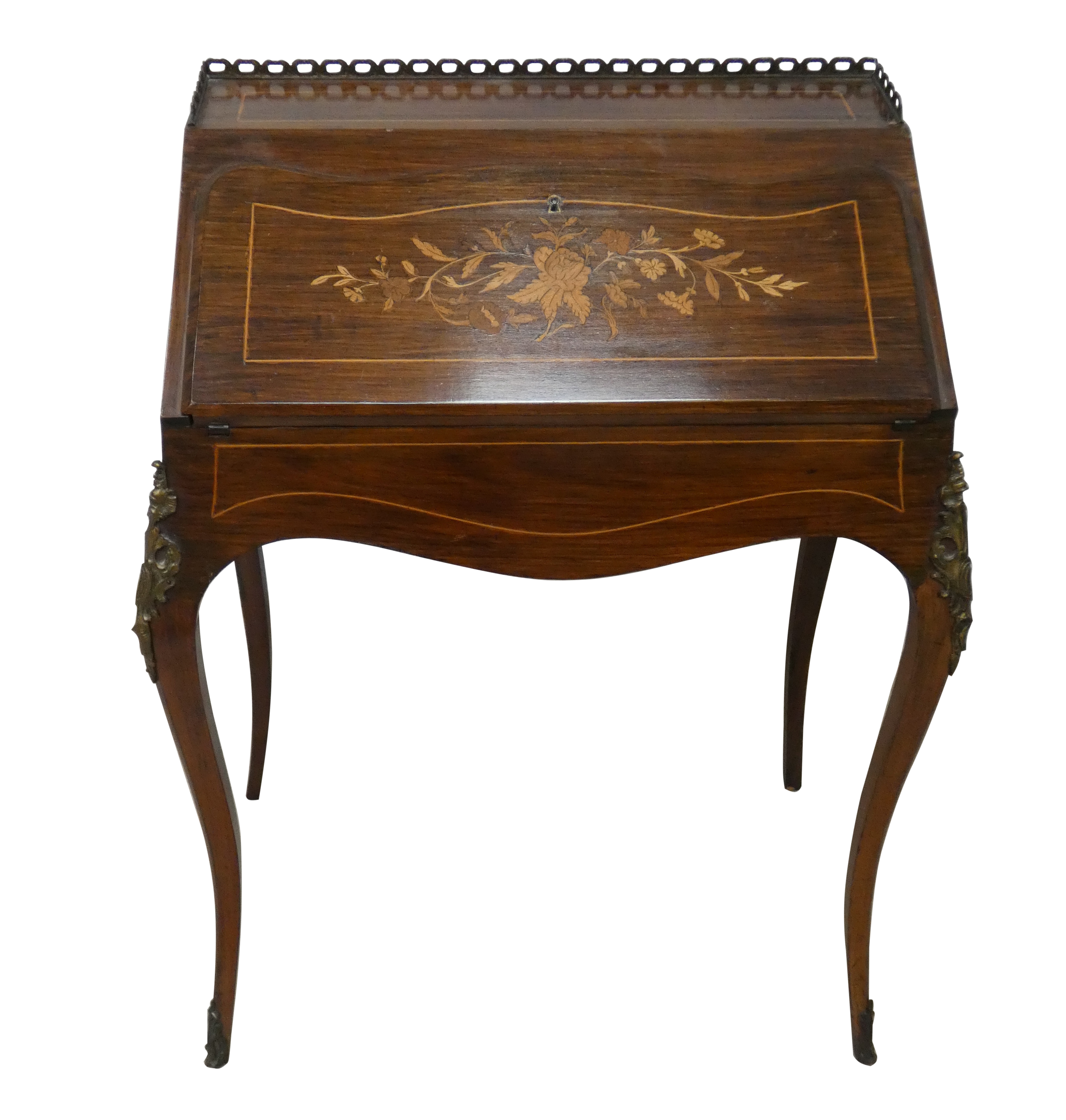A rosewood with boxwood inlaid ladies writing desk, the fall front with floral motif opening to - Image 3 of 3