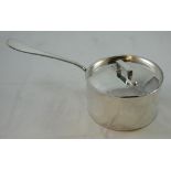 An Edwardian electroplated lidded saucepan, by Walker & Hall, with tapering handle, diameter 15 cm.