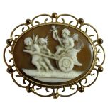 A 9ct gold shell cameo brooch, Birmingham 1964, depicting a cherub in a chariot being pulled by