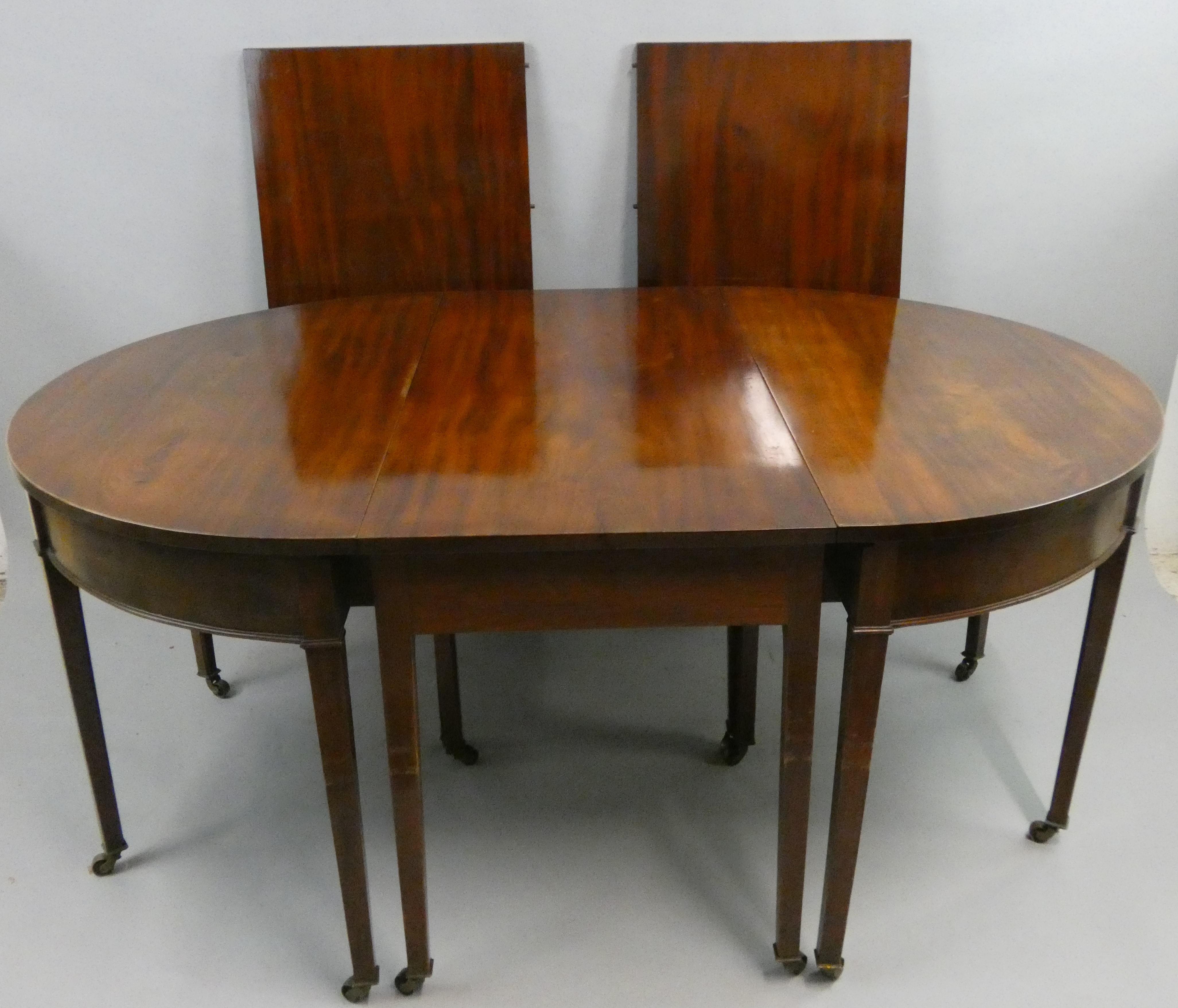 A George III mahogany D end dining table, in five sections, comprising two D ends with plain - Image 2 of 2