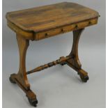 A George III rosewood and boxwood strung side table, with two frieze drawers, lyre shaped supports