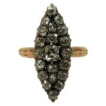 A Victorian rose gold and diamond navette cluster ring, claw set with old cut stones, total weight