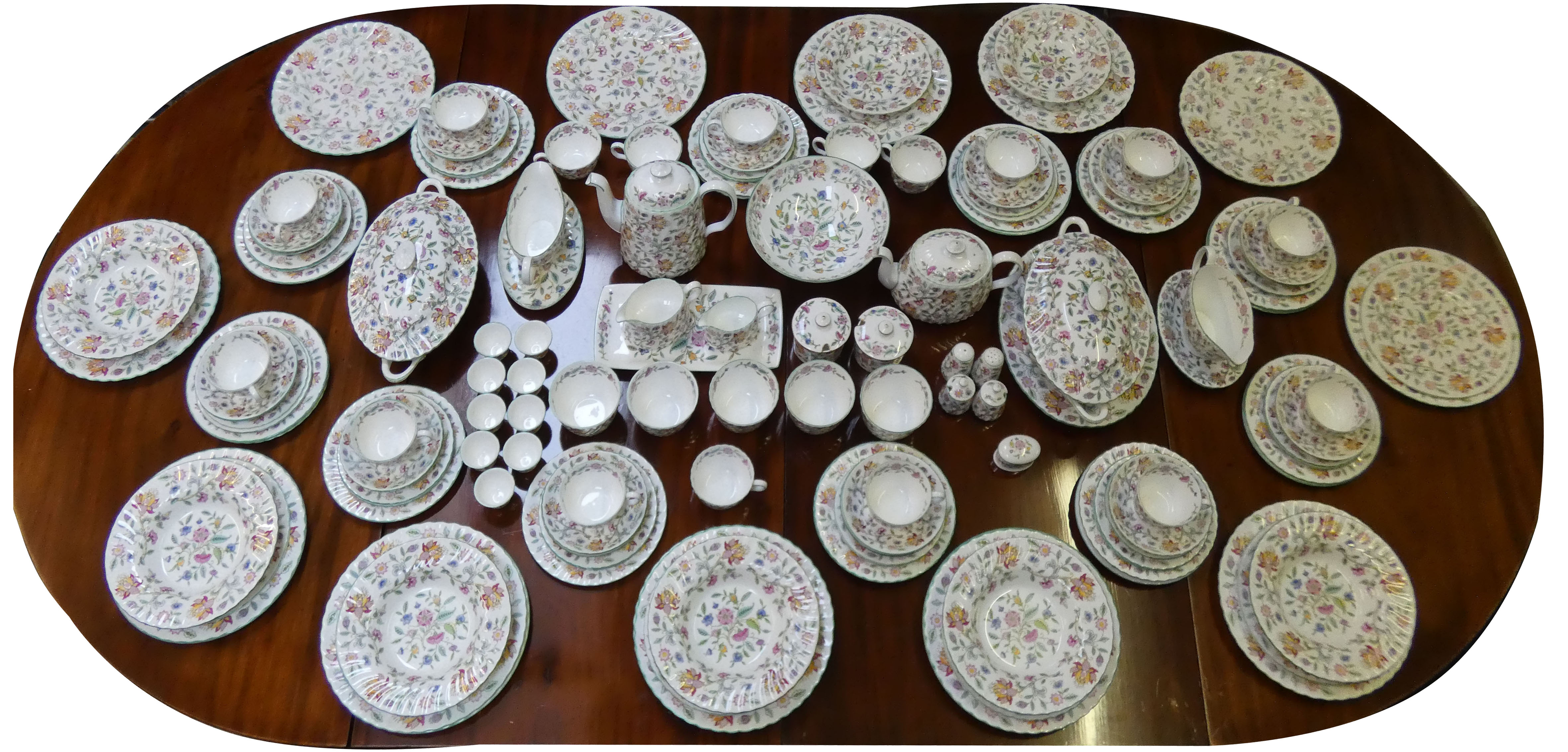 A Minton Haddon Hall pattern part dinner and tea service, to include; dinner plates (27 cm x 15,