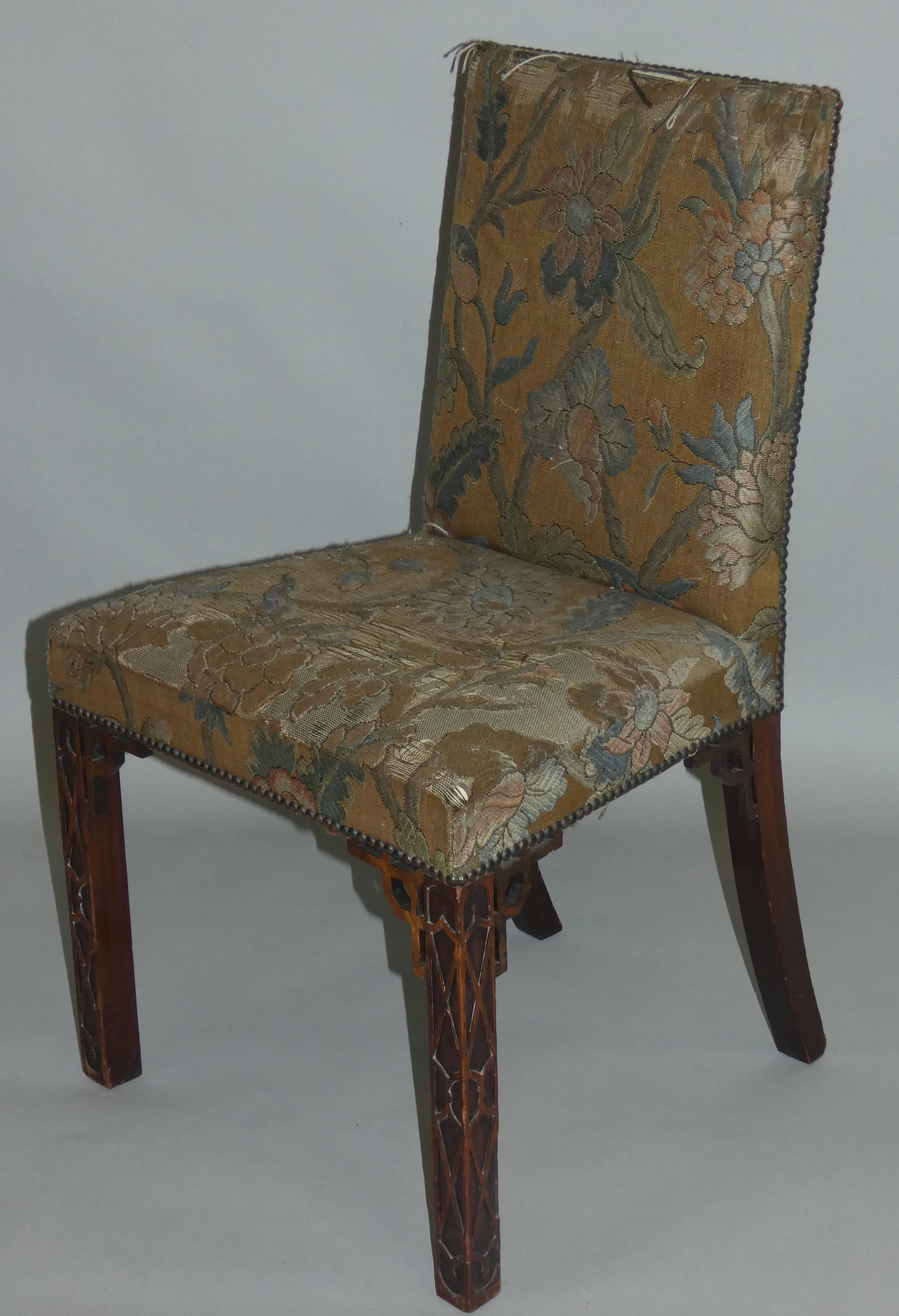 A 19th century set of eight Chinese Chippendale style mahogany dining chairs, the seat and back - Image 3 of 4