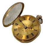 A Victorian 18ct gold open face key wind pocket watch, London 1860, The gold dial with black Roman