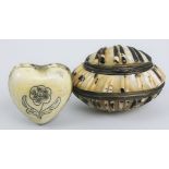 An ivory heart shape pill box, with hinged cover, decorated with forget me not flowers, 40 x 35