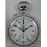 Minerva, a chrome plated open face keyless wound stop watch, the white dial with centre stop