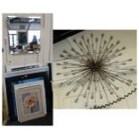 A star burst wall decoration together with mirrored clock, wall mirror, prints and frame (7)