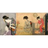Three Japanese woodblock prints, hand coloured, signed.