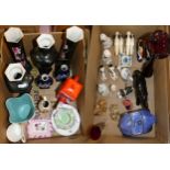 Two boxes of china and glass. Including a pair of Midwinter vases, novelty teapots, ashtray, glass