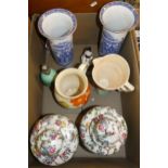 A box of miscellaneous china including a pair of blue and white Oriental patterned vases, pair of