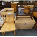 A pine domed chest together with carved oak dressing mirror and a pair of kitchen chairs (4)