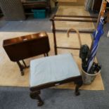 Mahogany piano stool with claw and ball feet, together with a drop leaf side table and clothes airer