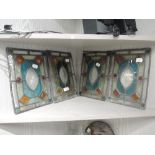 Four leaded light panels with cut and etched colour glass