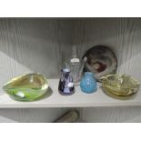 A selection of art glass including heavy set Vaseline bowl and control bubble